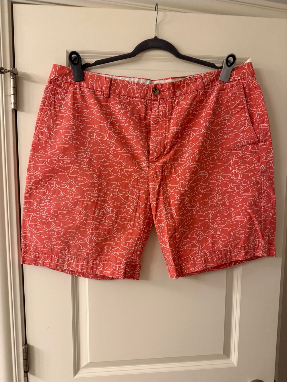 Vineyard Vines Coral Shorts with White Shark Outline Print